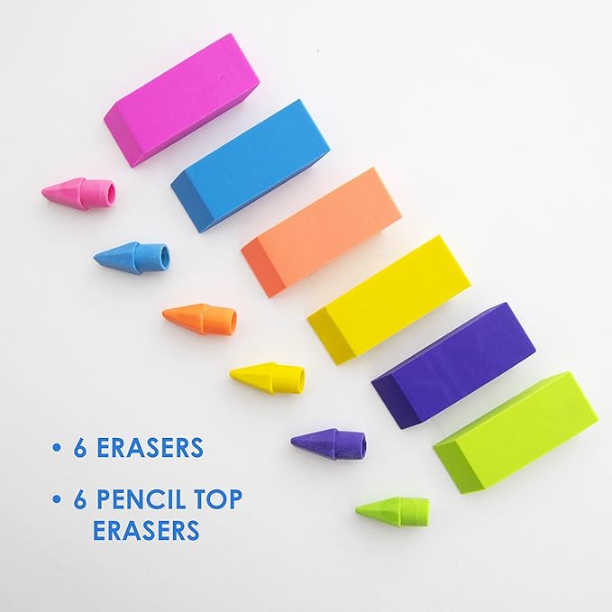 BAZIC Products Erasers + Pencil Top Erasers Set (12/Pack), Block Bevel Erasers Neon Color, Arrowhead Caps Tops, Latex Free, for Art Drawing School, 72-Packs