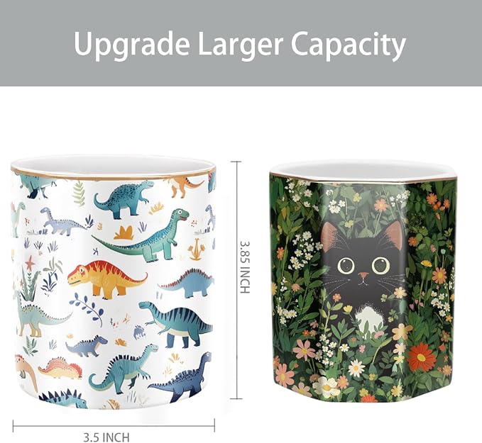 Pen Holder, Pencil Cup for Desk, Cute Makeup Brush Holder, Durable Ceramic Organizer Decor for Room, Office, Classroom, Cute Dinosaur Pattern