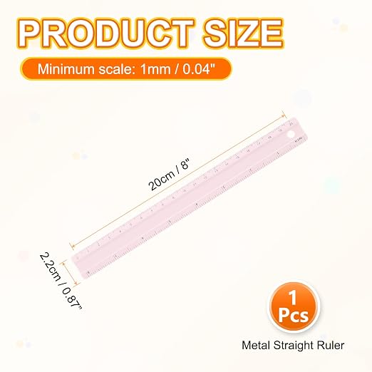 HARFINGTON Metal Straight Ruler 8 Inch(20cm) Metric Aluminum Alloy Measuring Rulers Scale Tool with Hole for Measure Study Reading Classroom Office, Light Pink