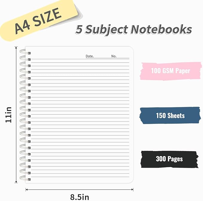 5 Subject Notebook College Ruled 300 Pages Hardcover Spiral Notebook with Removable Dividers Tabs, 8.5" x 11" 100GSM Large A4 Lined Journal Notebooks for Work School