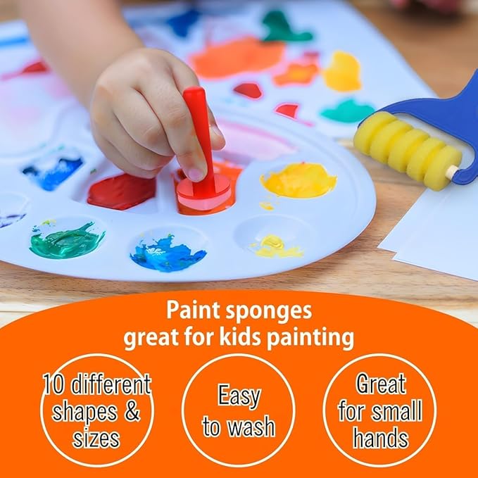 Kids Painting Set, Washable Paint for Kids 6 Bold Colors with 10 Paint Sponges, Non Toxic Tempera Paints 2 oz Each, Gifting Bundle Paints for Toddlers Art, Craft, School and Home Finger Painting Projects