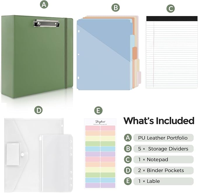 SKYDUE 3 Ring Binder 3 Inch D Ringr with Clipboard, PU Heavy Duty Clipboard Binder with Notepad & 5 Dividers with 5 Pockets, Labels, Clipboard Folder Great for School Office