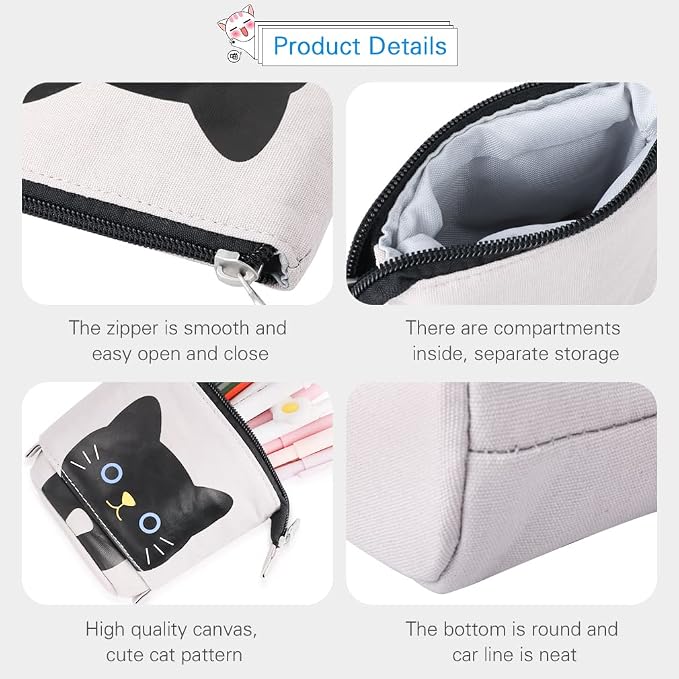 iSuperb Standing Pencil Pouch Pencil Case Cute Cat Telescopic with Zipper Canvas Kwaii Cartoon Pencil Bag Stationery Box for Kids Girls Boys School Supplies 7.5 x 4.9 x 3.0inch/4.1x 3.0inch