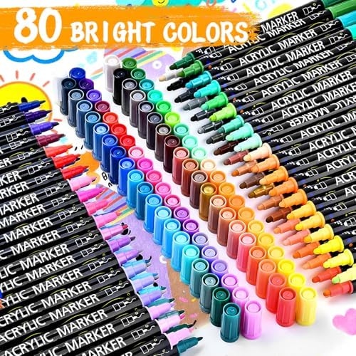 80 Colors Acrylic Paint Markers Set, Dual Tip Acrylic Paint Pens, Fine Tip and Dot Tip Colored Markers Pens for Rock, Stone, Glass, Fabric, Canvas, Christmas Gifts for Teens, Art Painting Supplies Kit
