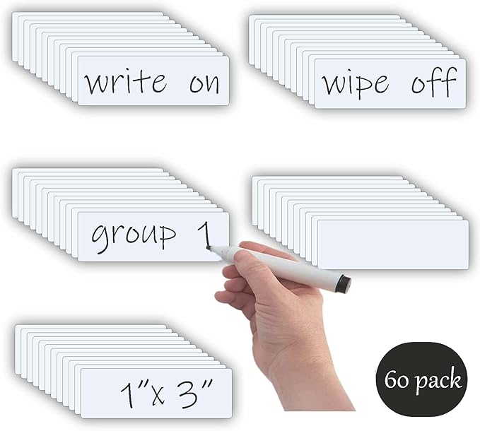 STTMGN Dry Erase Magnetic Labels (1x3,Pack of 60),Write On Magnets Sticker,Real Waterproof/Reusable for Classroom&Office&Cabinet&whiteboard&Fridge&More (White)