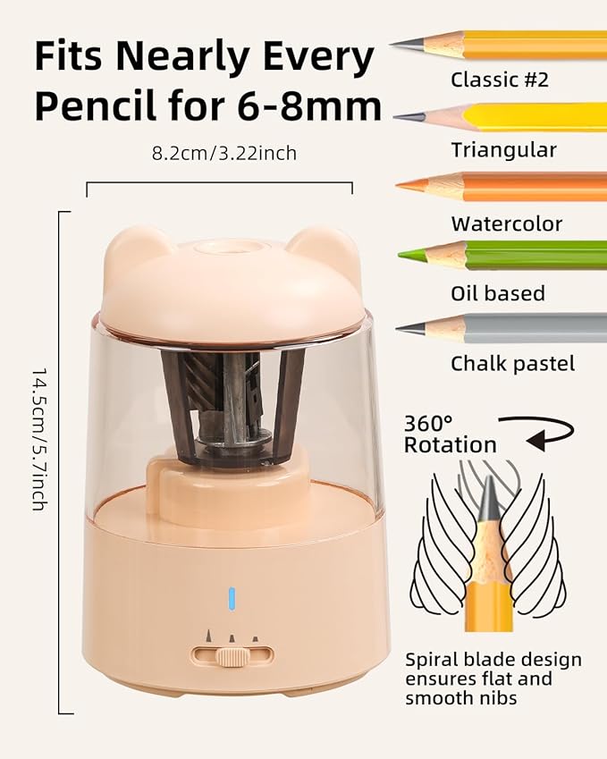 ZMOL Colored Pencil Sharpener, Rechargeable Electric Pencil Sharpener, Auto Stop, Pencil Sharpeners for Battery Powered Cute for Kids Gift No.2/Colored Pencils (6-8mm), Classroom/Office/Home Pink