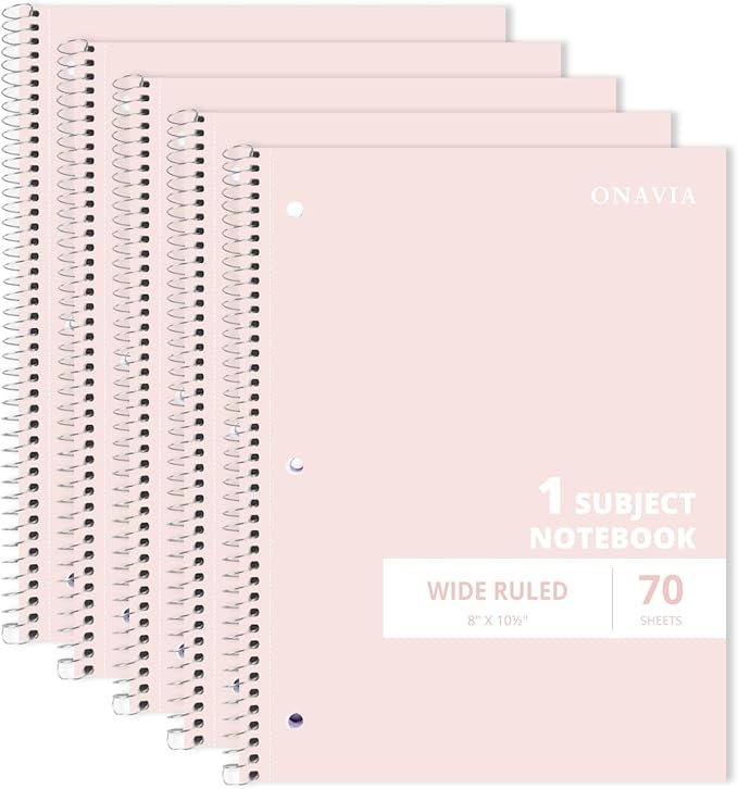 ONAVIA Pink 1 Subject Spiral Notebook Wide Ruled 5 Pack, 140 Pages | 70 Sheets, 7.5 x 10.5 in, 3-Hole Punched, School Notebook, Wide Ruled Paper, Study, Students