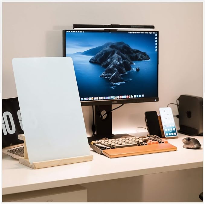 Glass White Board with Stand,Magnetic Mini Dry Erase Board for Desk,Small Desktop Whiteboard with Solid Wood Bracket