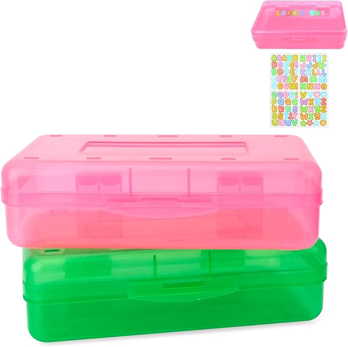 Pink and Green Pencil Box, Clear Case, Large Capacity Hard Stackable Storage for Girls, 2 Pack