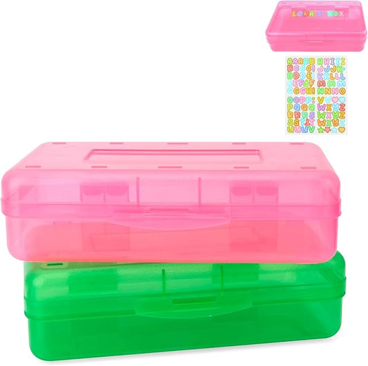 Pink and Green Pencil Box, Clear Case, Large Capacity Hard Stackable Storage for Girls, 2 Pack