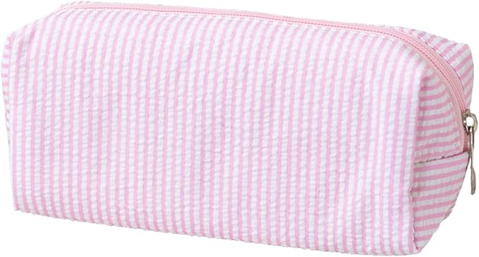 Cute Pencil Case, Seersucker Pencil Bag Desktop Stationery Finishing Large Capacity Embroidery Striped Travel Storage Bag, Multifunctional Cosmetic Pouch(Pink White)