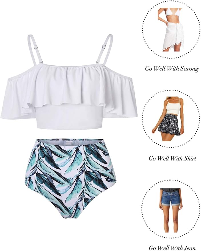Kaei&Shi High Waisted Flounce Bikini Set,Tummy Control Swimsuits for Women,Off Shoulder