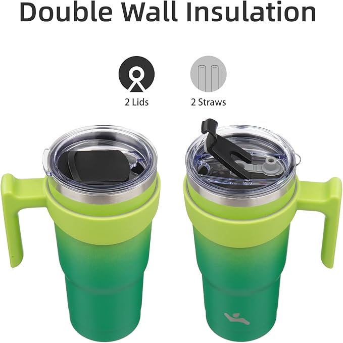 Konokyo 20 oz Tumbler with Handle and 2 Straw 2 Lid, Insulated Water Bottle Stainless Steel Vacuum Cup Reusable Travel Mug,Matcha Green