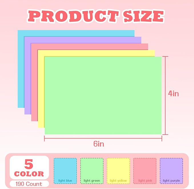 BIGNC Colored Index Cards 4x6, 190 Pack Blank Index Cards, Flash Cards for Studying, Heavy Note Cards for Office, Home and School