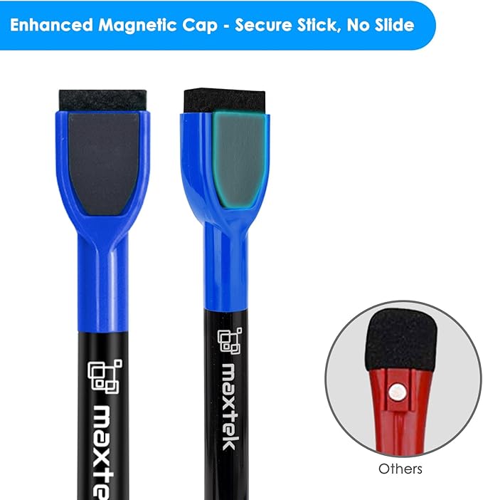 maxtek Magnetic Whiteboard Markers - 12 Count Blue Fine Tip Dry Erase Markers with Eraser for Kids, Low Odor Thin Markers for Calendar Boards