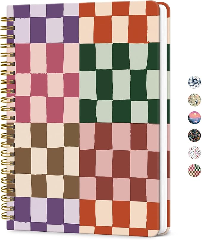 ZOTIA Lined Spiral Journal for Women, A5 Cute Hardcover College Ruled Notebook for Work, School & Note Taking, Aesthetic Writing Journal, 140 Pages (5.8" x 8.3"), Checkered
