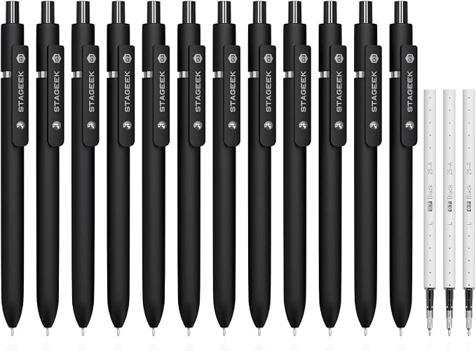 STAGEEK 12 Pcs GX3 Black Gel Pens, Quick Dry Smooth Writing, with 3 Refills | Black Ink Pens, 0.7mm Fine Point, Retractable, Office, School Supplies, Journaling & Note Taking, for Nurses, Teachers