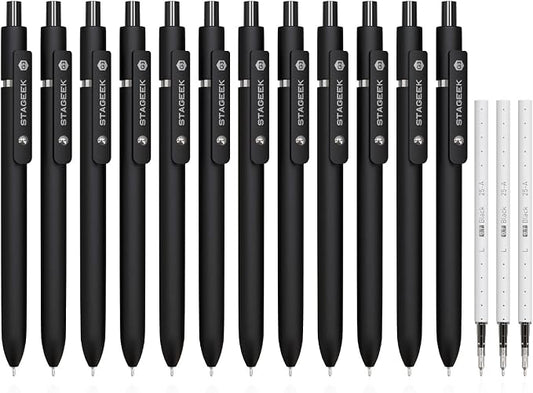 STAGEEK 12 Pcs GX3 Black Gel Pens, Quick Dry Smooth Writing, with 3 Refills | Black Ink Pens, 0.7mm Fine Point, Retractable, Office, School Supplies, Journaling & Note Taking, for Nurses, Teachers