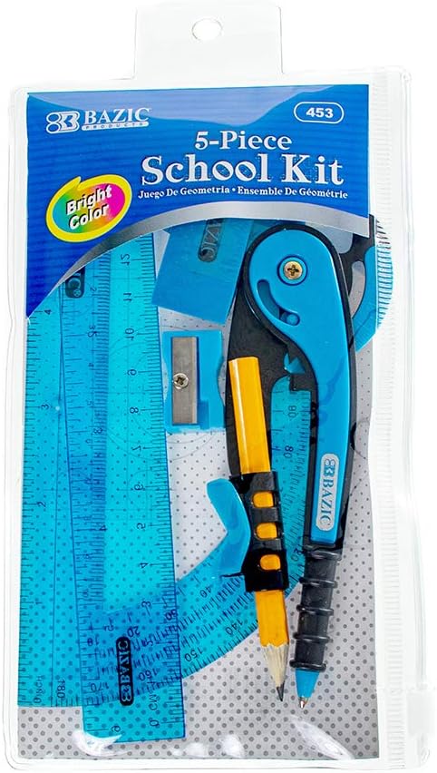 Craft County 5 Piece School Kit with Zipper Pouch – Geometry and Math Tool Set – Available in Blue, Green, Pink, and Purple