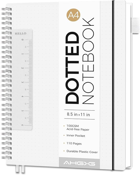 AHGXG Dotted Journal - Dot Grid Spiral Notebook 8.5" x 11", A4 Large Dotted Notebook, 100 GSM Thick Paper, Waterproof Plastic Cover Journals for Journaling, Sketching,