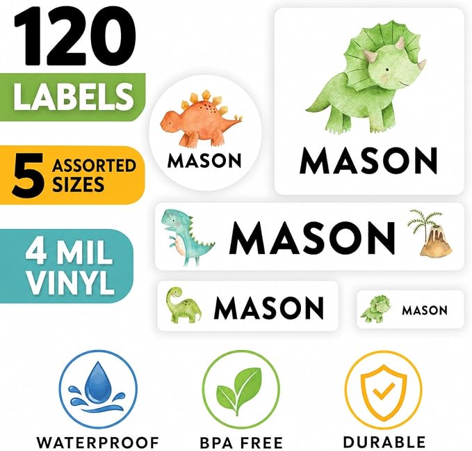 Andaz Press Custom Personalized Waterproof School Name Labels, Dinosaurs, 120-Pack, Kids Labels Combo Pack, Customizable Multi-Use Name Stickers for Preschool, Daycare, Back to School Supplies