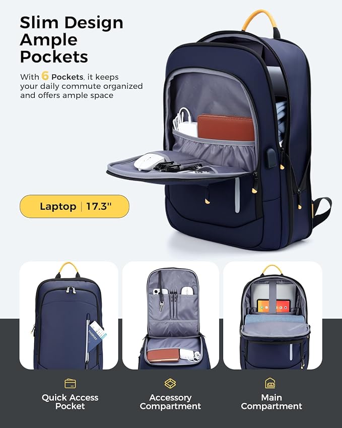 Slim Laptop Backpack for Men, 17.3 Inch Expandable Business Travel Backpack with USB Charging Port, Lightweight Work Computer Bag, Blue