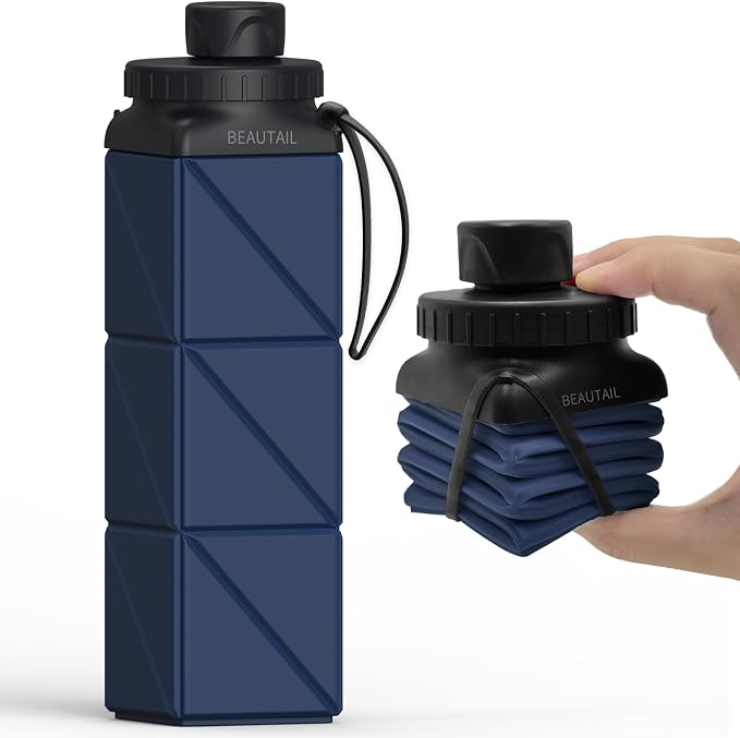 BEAUTAIL Collapsible Water Bottles 21 oz, Silicone Portable Water Bottle | BPA Free, Leakproof & Reusable, Foldable Water Bottle for Travel, Hiking, Camping, Cycling, School, Gym, 1-Pack, DarkBlue