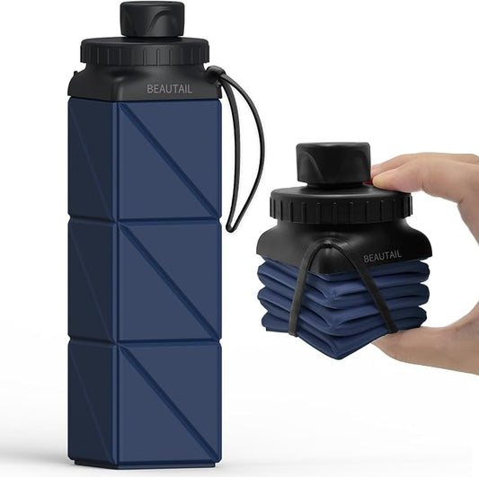 BEAUTAIL Collapsible Water Bottles 21 oz, Silicone Portable Water Bottle | BPA Free, Leakproof & Reusable, Foldable Water Bottle for Travel, Hiking, Camping, Cycling, School, Gym, 1-Pack, DarkBlue