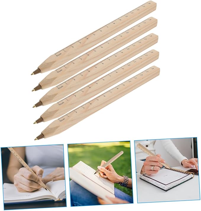 Natural Wood Ballpoint Pens Black, 20pcs Set with Printed Ruler, Biodegradable Solid Wood Carpenter Pens for Woodwork Marking and Office Use
