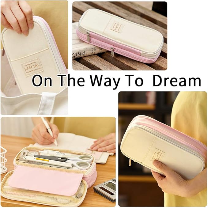 EASTHILL Big Capacity Pencil Pen Case Office College School Large Storage High Capacity Bag Pouch Holder Box Organizer Blue (Pink)