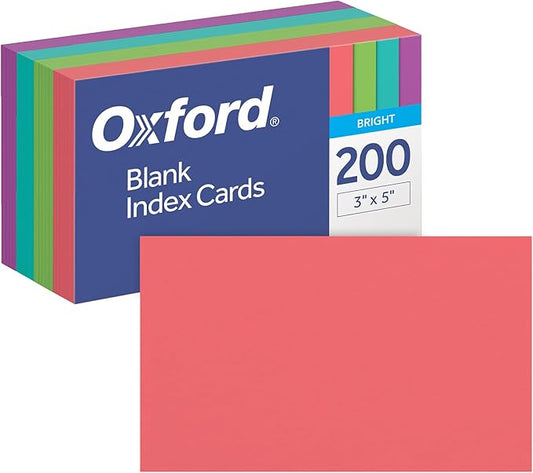 Oxford Blank Index Cards, Blank Note Cards, Flashcards for School, 4 Assorted Bright Colors: Coral, Green, Teal and Orchid, 3 Inch x 5 Inch, 200 Cards Per Pack (1017489)