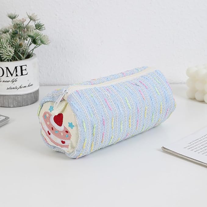 Cute Striped Pencil Case for Girls Large Capacity Aesthetic Pen Pouch with Zipper Stationery Organizer Bag for School Office Durable Pencil Box for Teens Students Women Kids (Cylinder-Blue)