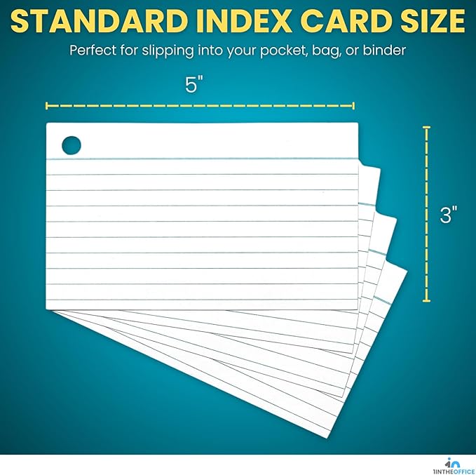 1InTheOffice Index Cards with Ring, Ruled Index Cards with Ring, 3" x5", 100 White Cards/Ring