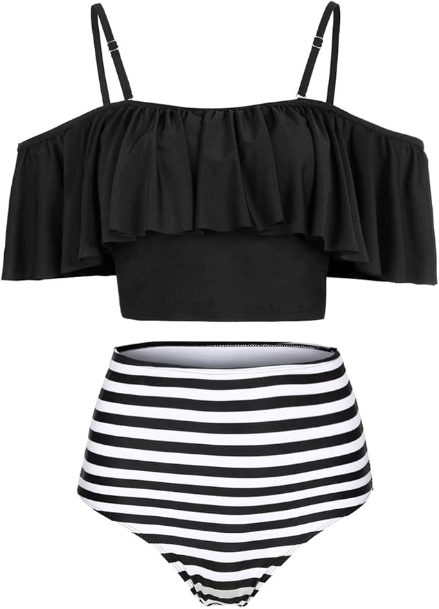 Kaei&Shi High Waisted Flounce Bikini Set,Tummy Control Swimsuits for Women,Off Shoulder