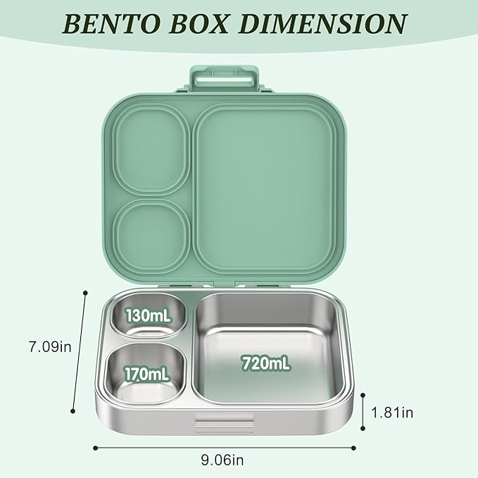 LOHASOK Stainless Steel Lunch Box: Metal Bento Box for Kids Adults - Leak-Proof 3 Compartments,Green