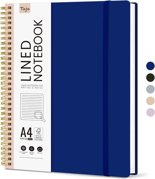 Taja Spiral Lined Notebook, 8.5"x11" Notebooks for Work, Large A4 Journal for Women & Men, College Ruled Journaling Notebook for Writing, Plastic Cover Spiral Journal, Cobalt