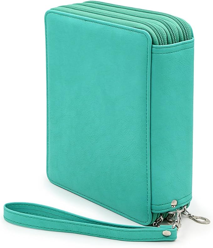 BTSKY Deluxe PU Leather Pencil Case For Colored Pencils - 120 Slot Pencil Holder with Handle Strap Handy Colored Pencil Box Large(Green)