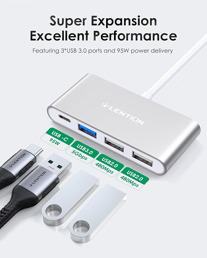 LENTION USB C Hub 4-in-1 with 100W PD, Type-C Multiport Adapter for 2016-2026 MacBook Pro/Air(M1-M5), iPad, Surface, ChromeBook, More, Aluminum Travel Hub for iPhone 15-17 (C13, Silver)