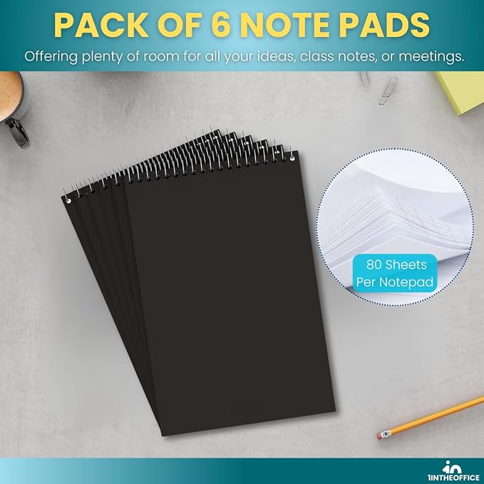 1InTheOffice Graph Ruled Notepad 6x9, Spiral Steno Pads, Top Bound, Quad Ruled, 80 Sheets/Pad, (6 Pack)