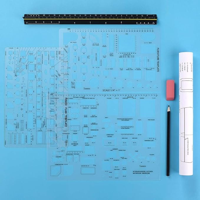 Sooez Architectural Templates, House Plan Template, Interior Design Template, Furniture Template, Drawing Template Kit, Drafting Tools and Supplies, Template Architecture Kit, Set of 3, Yellow