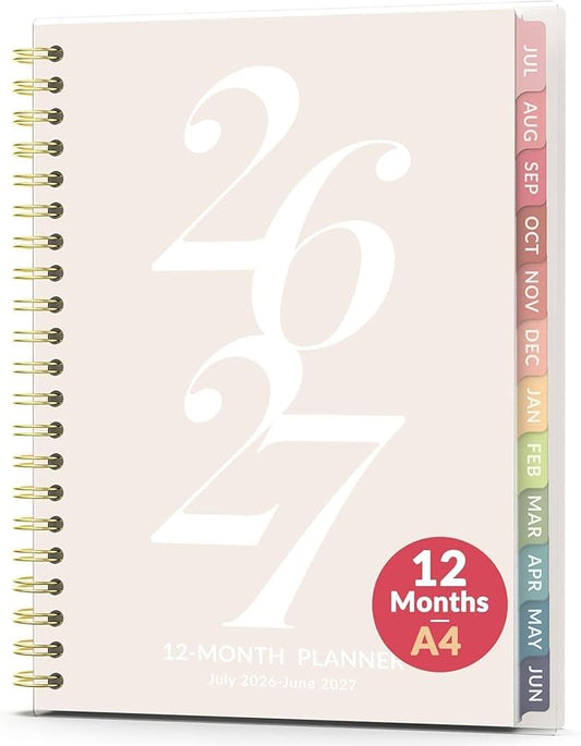 Forvencer Planner 2026-2027, July 2026 - June 2027, 8.5" x 11" Academic Year Monthly and Weekly Calendar Planner with Spiral Bound, Month Tabs, Flexible Cover for School Office (A4, Beige)