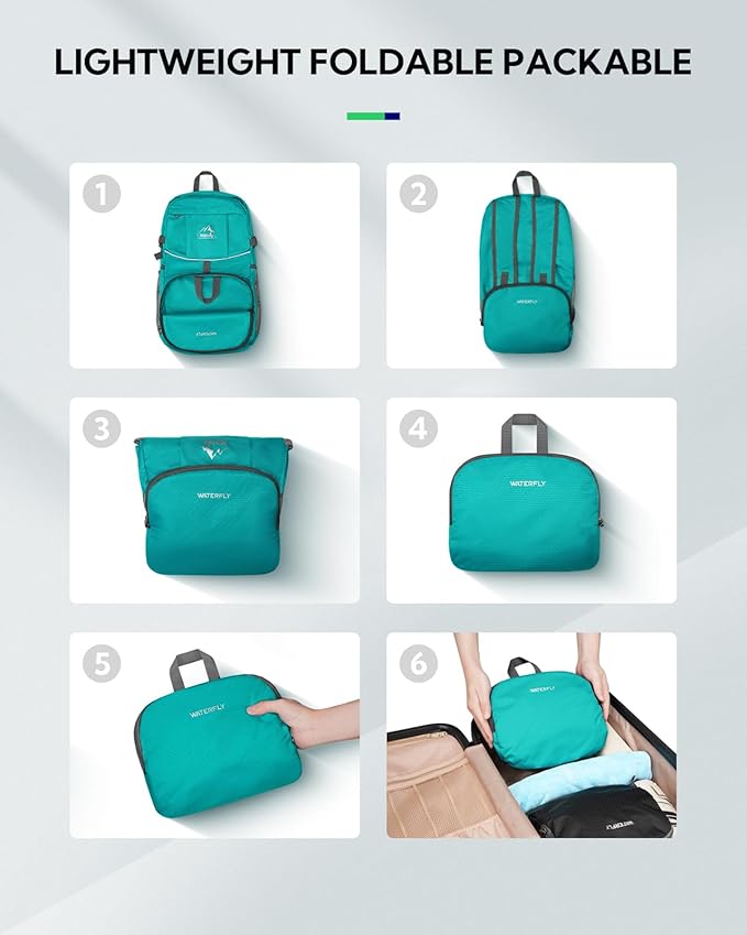 WATERFLY Hiking Packable Daypack Backpack: 35L Ultra Lightweight Day Pack for Women Men - Large Foldable Back Pack for Outdoor Sport Cycling Camping Travel Trip - Turquoise