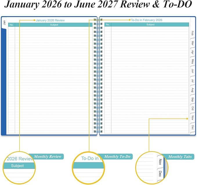 2026-2027 Monthly Planner - 18 Monthly Calendar, January 2026 - June 2027, Two Pages Per Month, 9" x11" Planner with Tabs, Strong Twin-Wire Binding, Inner Pocket, Teal