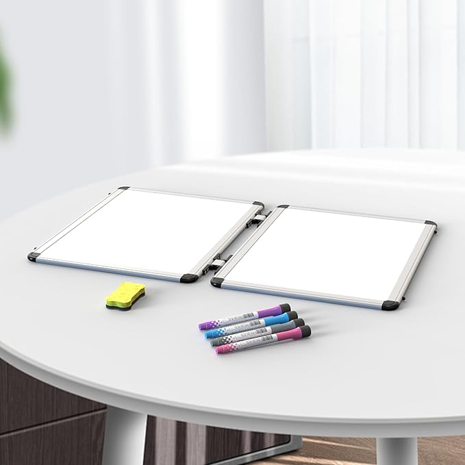 Dry Erase Board, 17x13 inch with 4 Sides Magnetic Whiteboard, A3 Foldable Small White Board with Lines, Perfect for Office, School, and Home. (Silver)