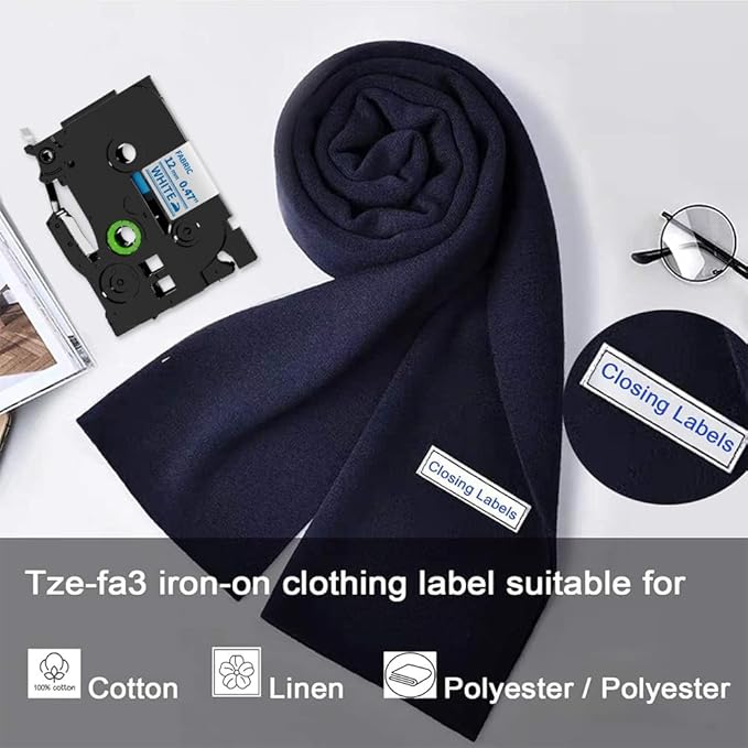 Fimax Compatible Fabric Iron-on Clothing Label Replace for Brother P Touch Fabric Tape TZe-FA3 TZeFA3 Tape 12mm 0.47'' for PT-D210 PT-D400 PT-H100 PT-D200 PT-D600 Labelmakers (Navy Blue on White,4PK)