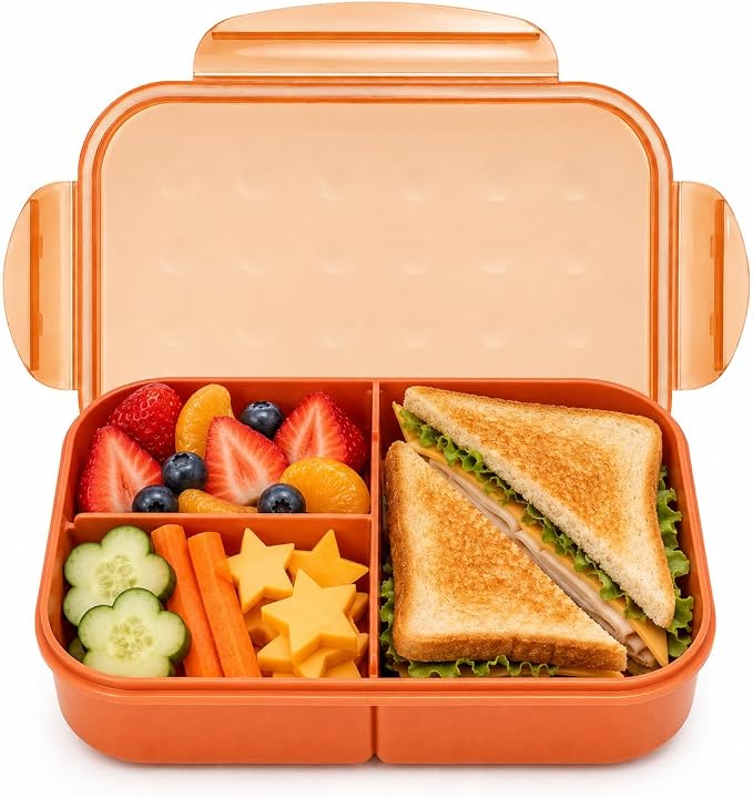 MISS BIG® Bento Lunch Box for Kids, 1150ml, 3 Compartments, Coral Orange | Coral orange 1150ml kids bento box for school lunch, daycare meals, snacks, picnic, and travel.