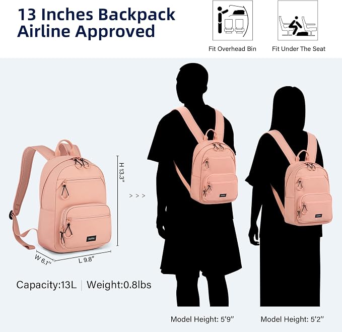 HanTrip 13 Inch Mini Small Travel Backpack Cary on For Women Men, Pink | 13L Capacity, Lots of Pockets, Padded Shoulder Strap, Lightweight, Water Resistant, Bookbag for College, Commuter, Work