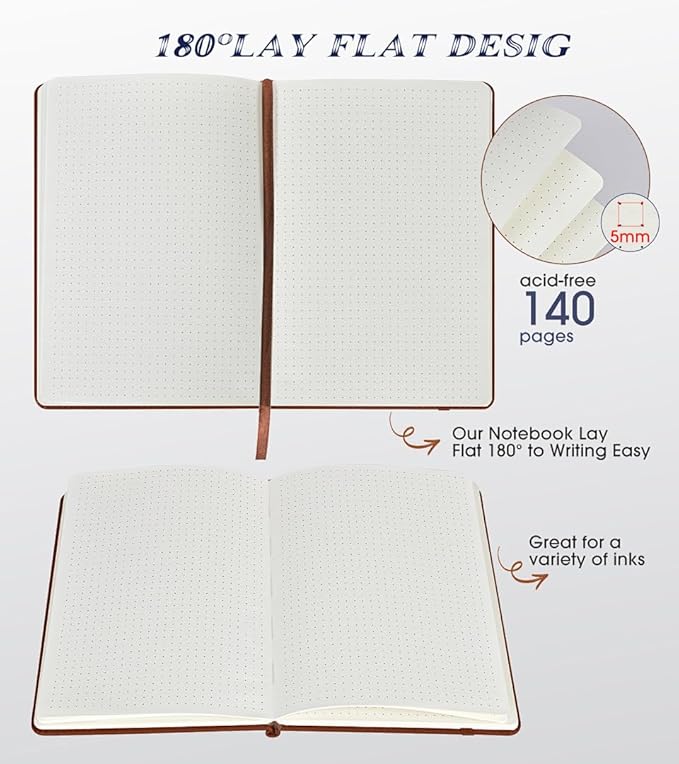 Biuwory Dotted Journal Notebook for Women Men, 140 Pages Hardcover Dot Grid Notebooks for Work, School & Travel, Leather Journals for Writing, Bullet Journaling 5.7"×8.3" (Brown)