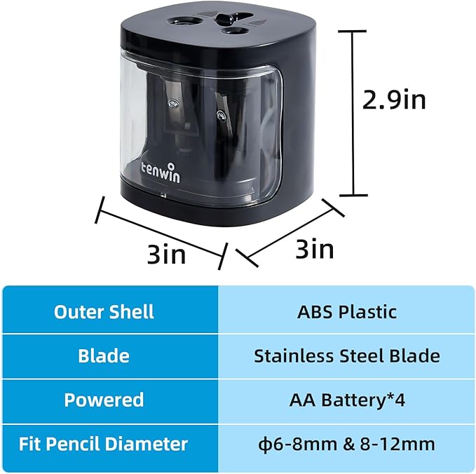 tenwin Electric Pencil Sharpener, Dual Hole Pencil Sharpeners Battery Powered, Small&Portable, Fit for 6-12mm No.2/Colored Pencils, Kids, School/Home (Black)