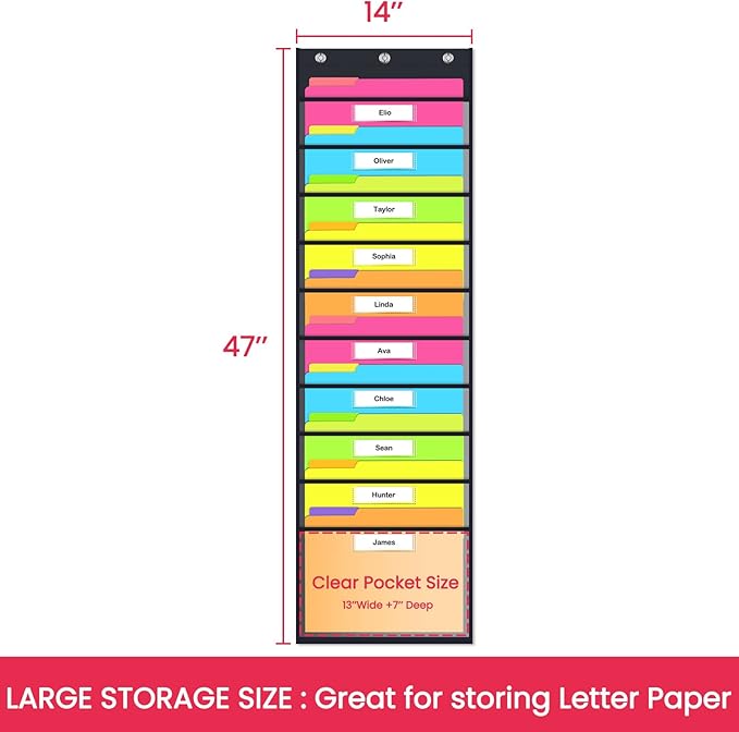 Clear Storage Pocket Chart for Classroom & Office with 10 Nametag Pockets, 3 Overdoor Hangers Included, Hanging Wall File Organizer for File Folders, Assignments, Files, Scrapbook Papers & More